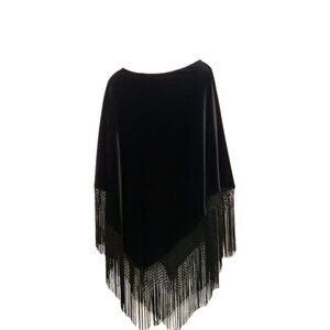 Chico's Velvet Fringe Pancho Holiday Witch Core Boho Black
